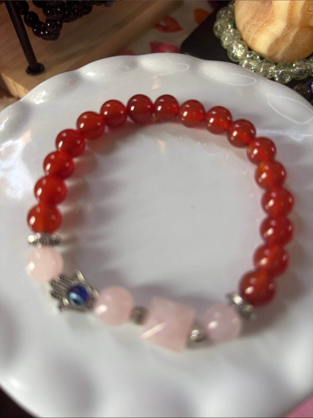 Red Carnelian & Rose Quartz Beaded Bracelet with Hamsa Accent